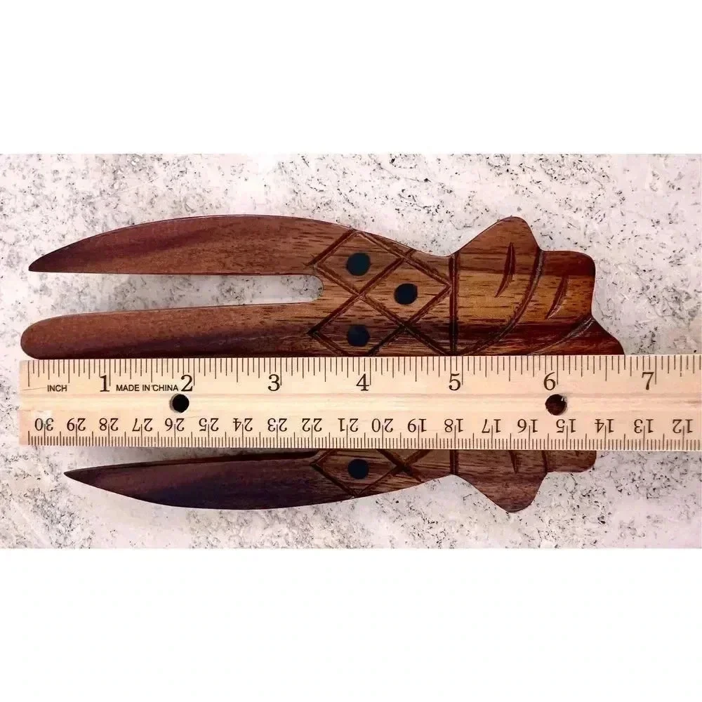 Vintage Brown Hawaiian Kamani Wood Pineapple‎ Salad Tossing Hands Fork Servers